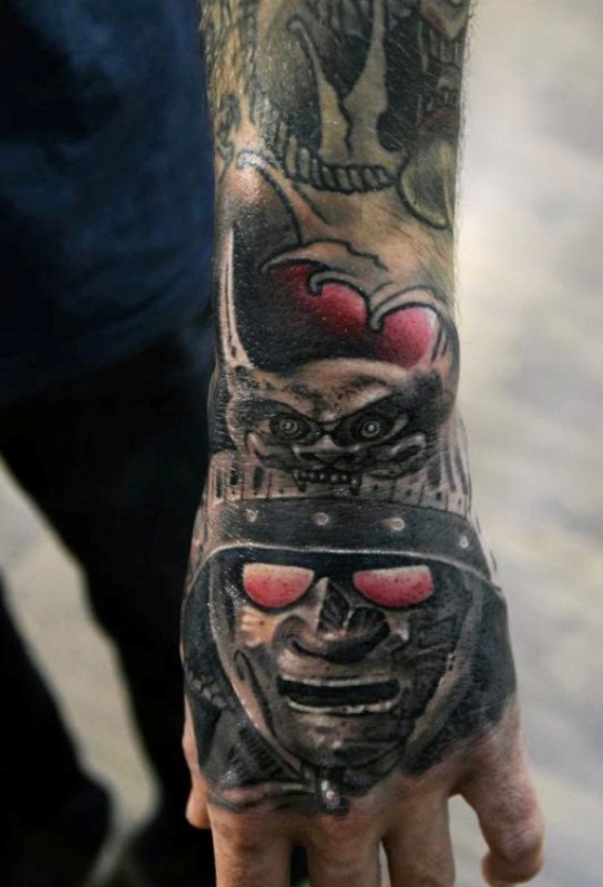 Amazing Samurai Head Tattoo On Man Left Hand