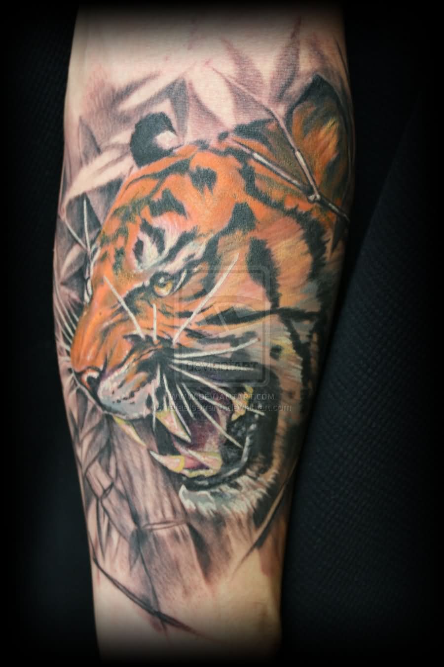 Amazing Tiger Head Tattoo On Forearm
