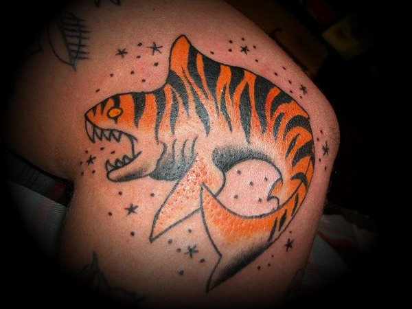 Amazing Tiger Shark Tattoo Design For Shoulder