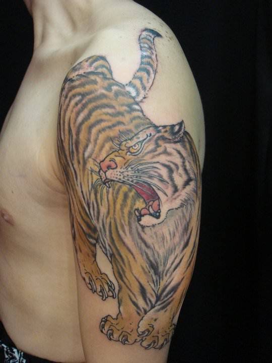 Angry Chinese Tiger Tattoo On Half Sleeve For Men