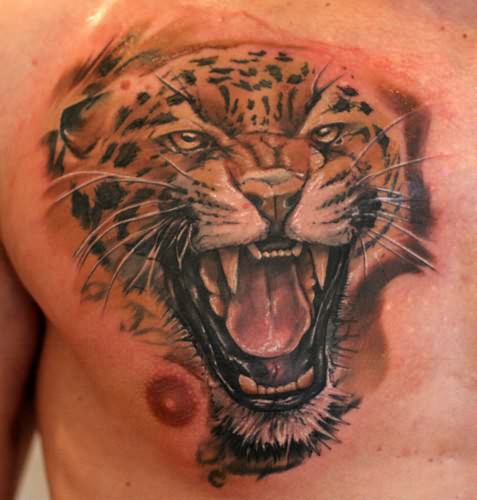 Angry Tiger Face Tattoo On Chest