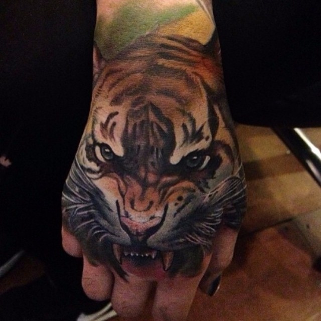 Angry Tiger Face Tattoo On Hand