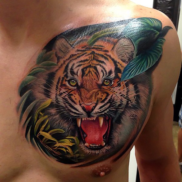 Angry Tiger Head Tattoo On Front Shoulder