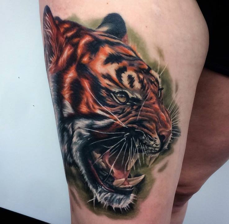 Angry Tiger Head Tattoo On Thigh by Joe Carpenter