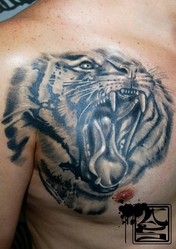 Angry White Tiger Head Tattoo On Chest