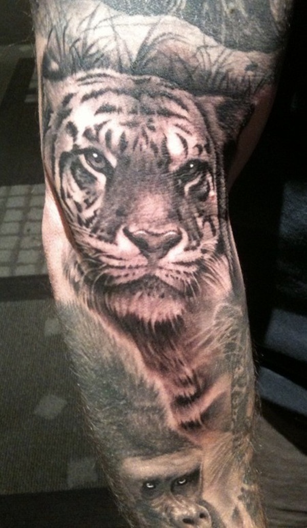 Arm Sleeve Black And Grey Tiger Tattoo