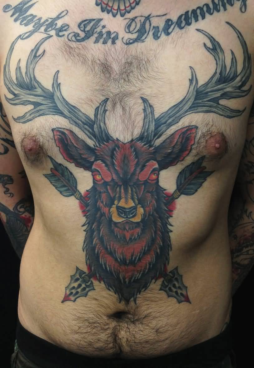 Arrows Pierced In Deer Head Tattoo On Men Chest