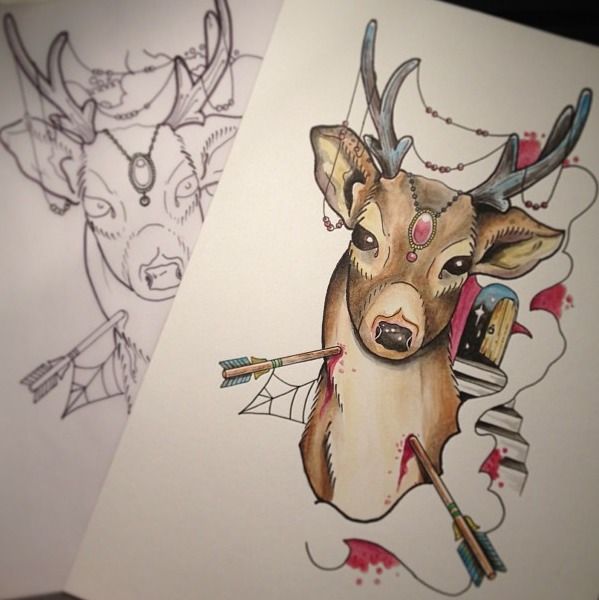 Arrows Pierced In Traditional Deer Head Tattoo Design