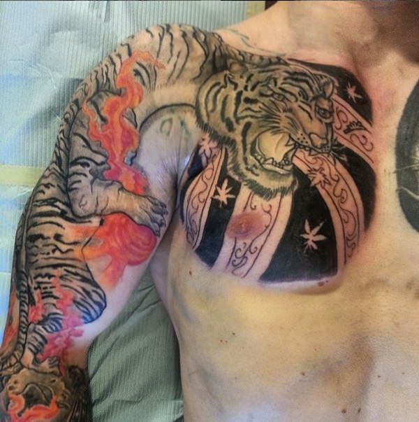 Asian Chest Tiger Tattoo For Men