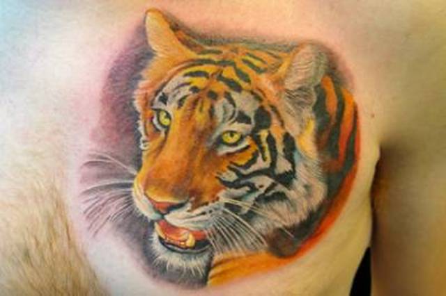Asian Tiger Face Tattoo On Front Shoulder