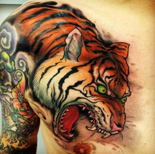 Asian Tiger Tattoo On Man Chest