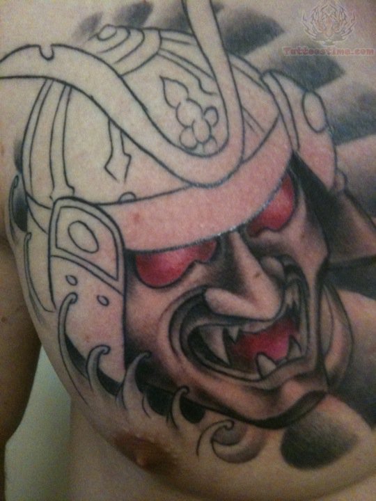 Attractive Black Ink Samurai Mask Tattoo On Man Right Chest