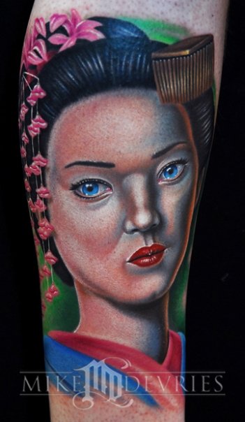 Attractive 3D Geisha Face Tattoo Design For Sleeve By Mike Devries