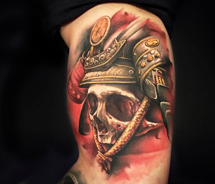 Attractive 3D Samurai Skull Tattoo On Left Half Sleeve