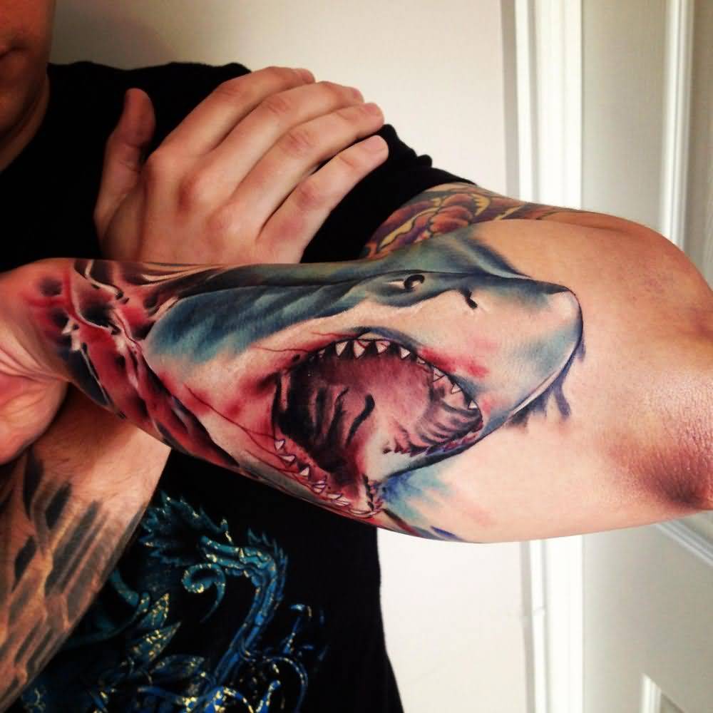 Attractive 3D Shark Tattoo On Man Left Arm