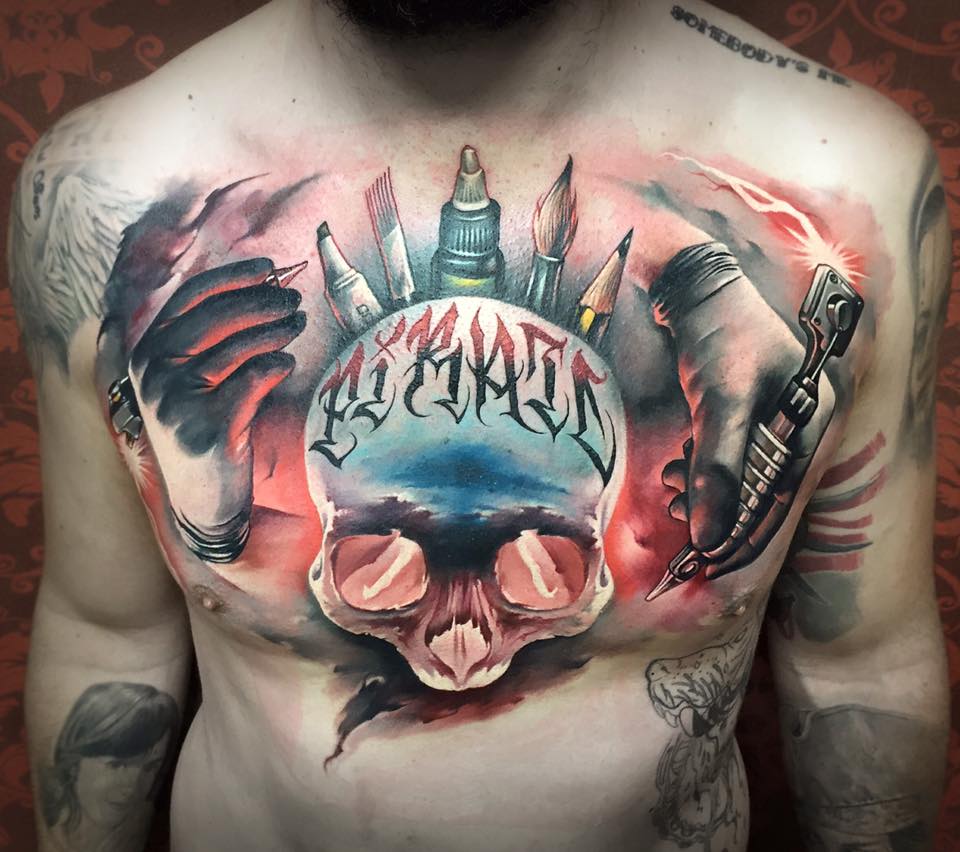 Attractive 3D Skull Tattoo On Man Chest By Benjamin Laukis