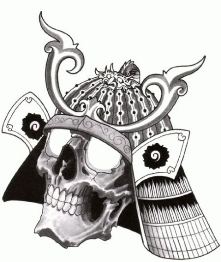 Attractive Black And Grey 3D Samurai Skull Tattoo Design