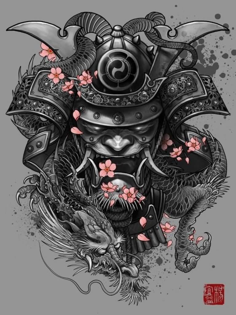Attractive Black Ink 3D Samurai Skull With Dragon Tattoo Design
