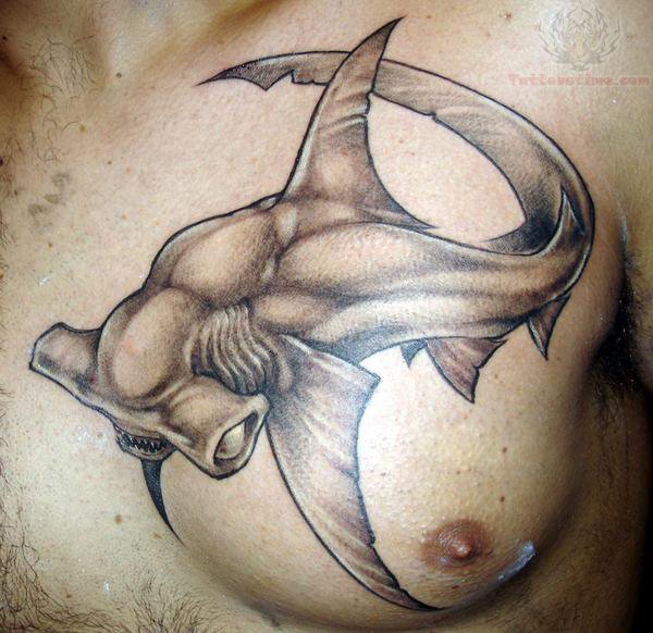 Attractive Black Ink Hammerhead Shark Tattoo On Man Left Chest