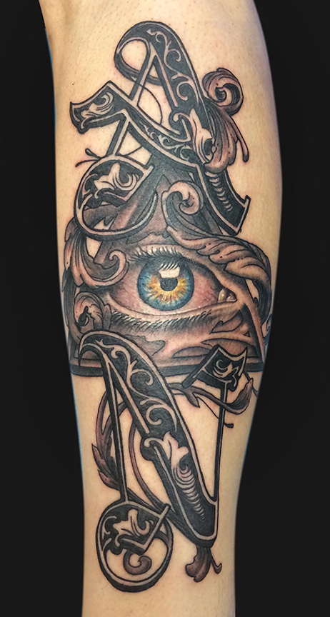 Attractive Black Ink Illuminati Eye Tattoo Design For Sleeve