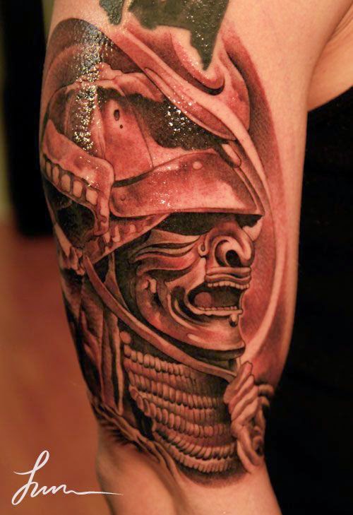 Attractive Black Ink Samurai Head Tattoo On Right Half Sleeve By Jun Cha