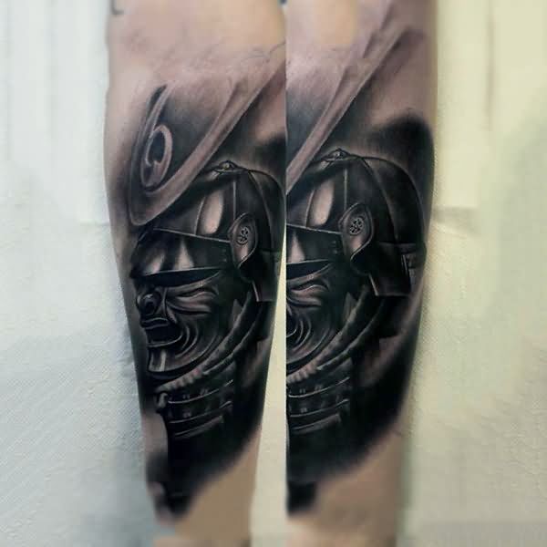 Attractive Black Ink Samurai Mask Tattoo Design For Forearm