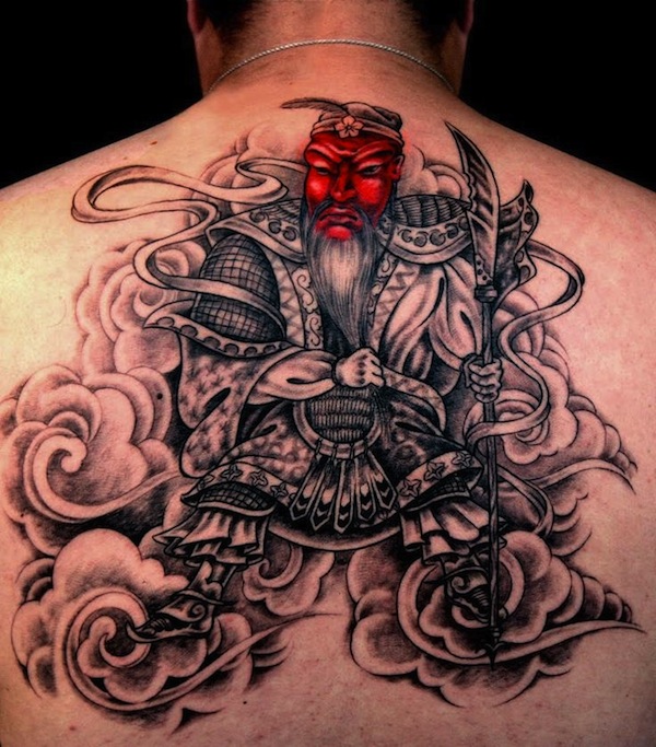 Attractive Black Ink Samurai Tattoo On Man Upper Back