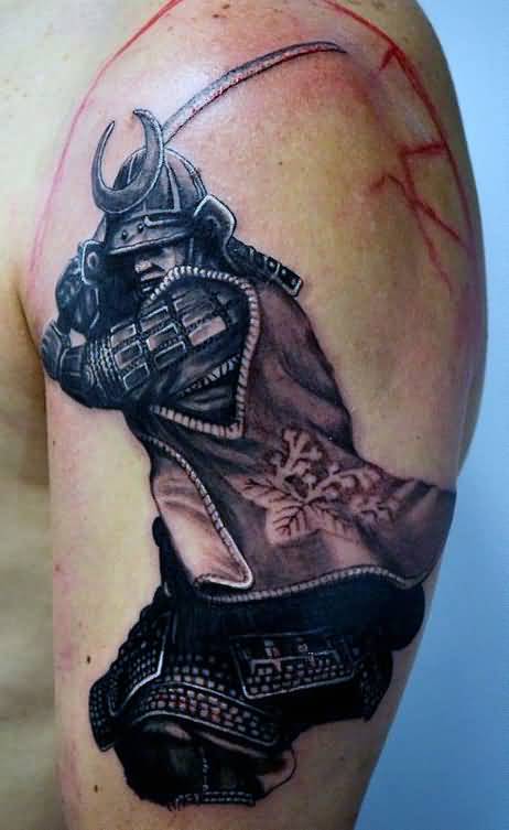 Attractive Black Ink Samurai Warrior Tattoo On Man Left Half Sleeve