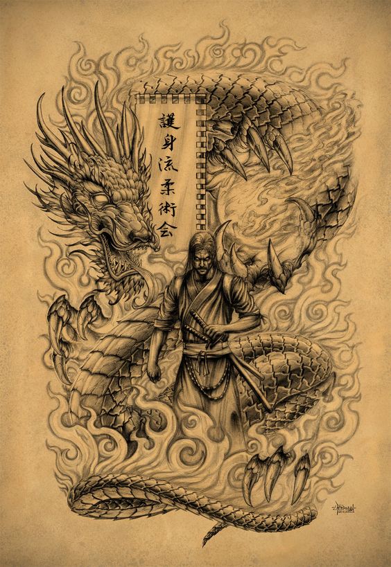Attractive Black Ink Samurai With Dragon Tattoo Design By Loren Fetterman