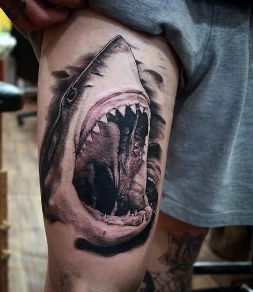 Attractive Black Ink Shark Head Tattoo On Right Thigh
