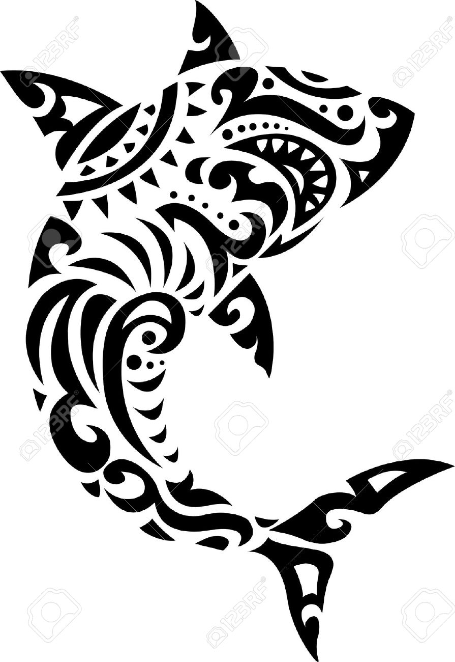 Attractive Black Tribal Shark Tattoo Stencil