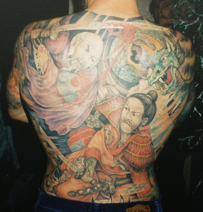 Attractive Colorful Samurai With Dragon Tattoo On Man Full Back