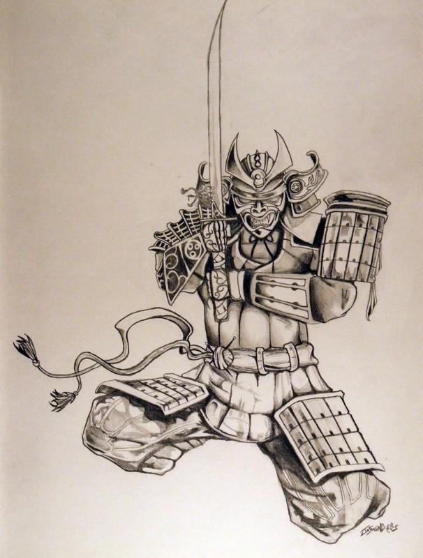 Attractive Grey Ink Samurai With Sword Tattoo Design For Sleeve