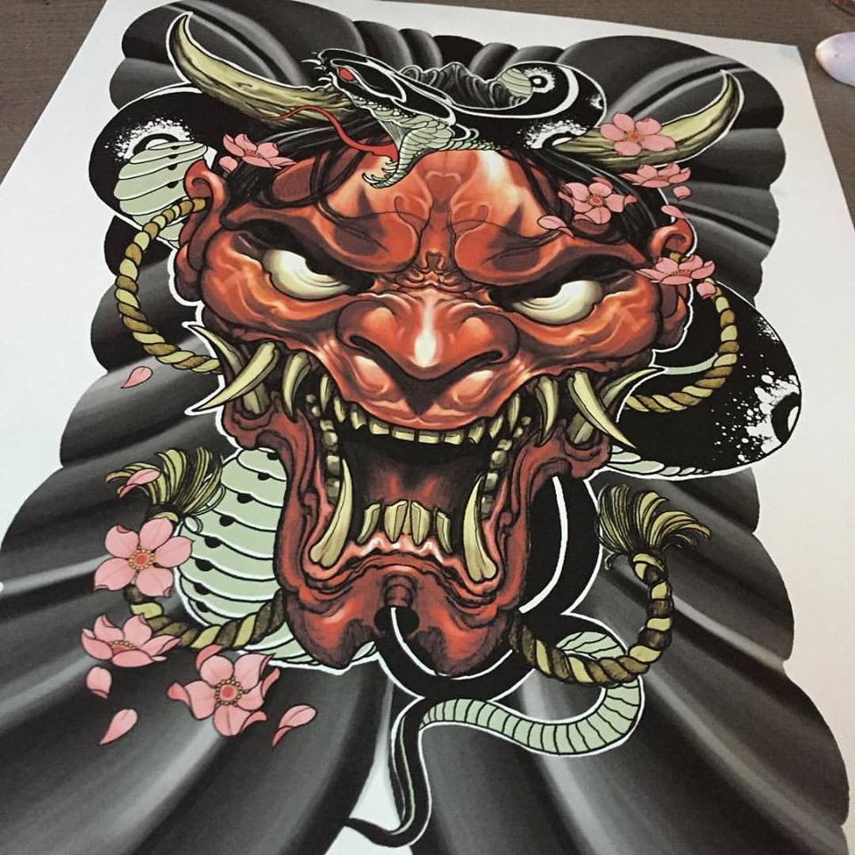 Attractive Hannya Head With Snake Tattoo Design By Elvin