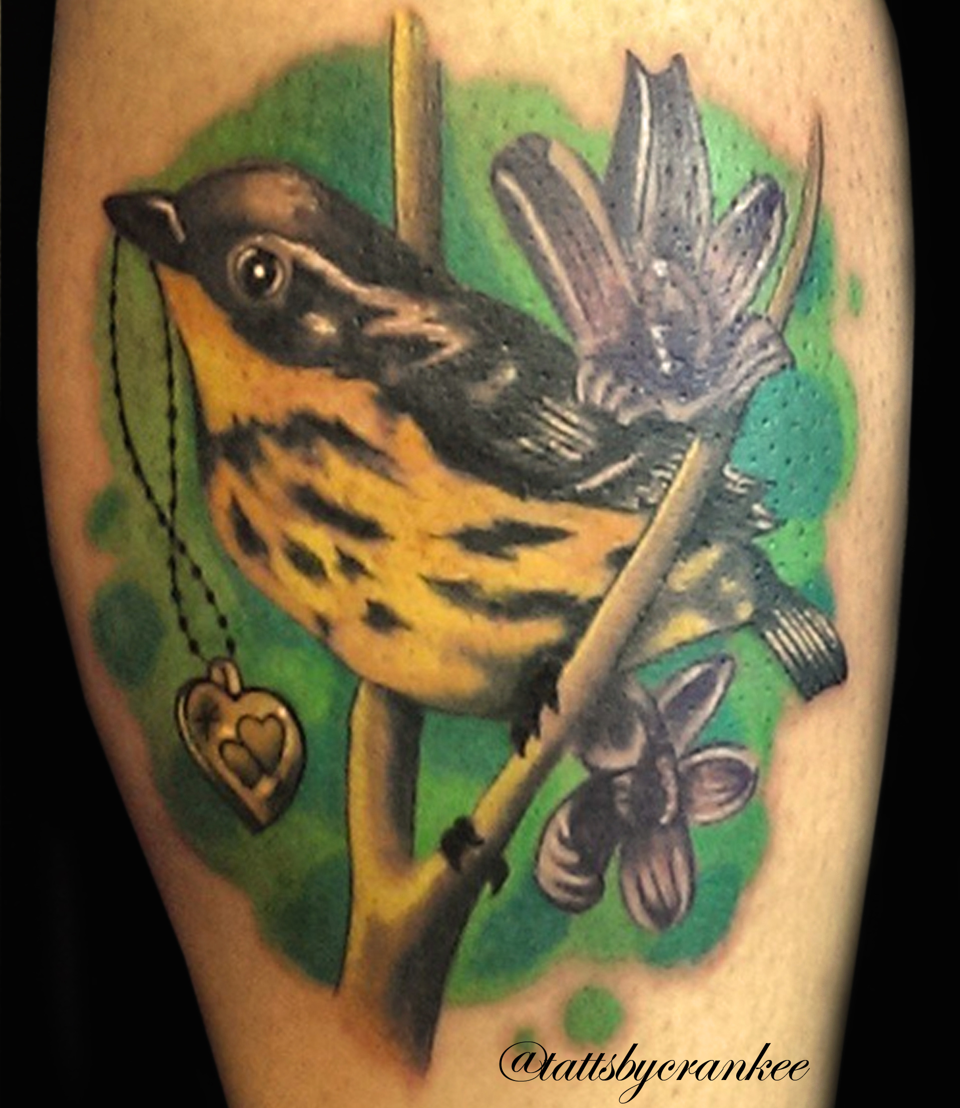 Attractive Heart Locket In Sparrow Beak Tattoo Design For Leg Calf By Randy Brard