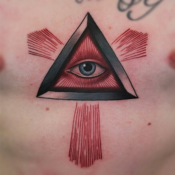 Attractive Illuminati Eye Tattoo On Man Chest By Mick Squires