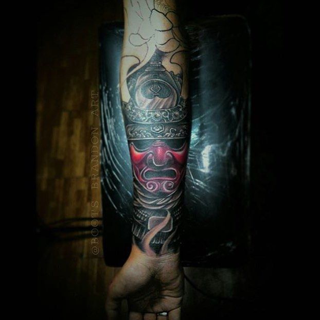 Attractive Samurai Mask Tattoo On Right Forearm