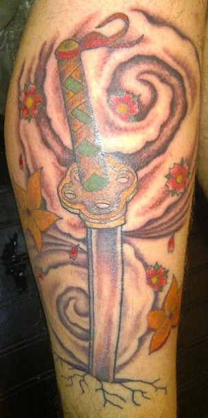 Attractive Samurai Sword Tattoo Design For Leg Calf