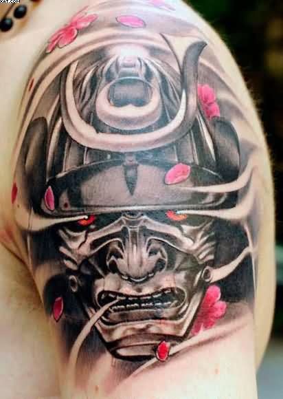 Attractive Samurai Warrior Head Tattoo On Left Shoulder