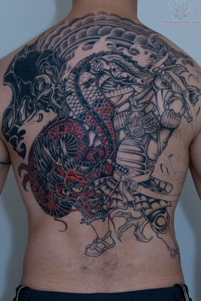 Attractive Samurai With Dragon Tattoo On Man Full Back