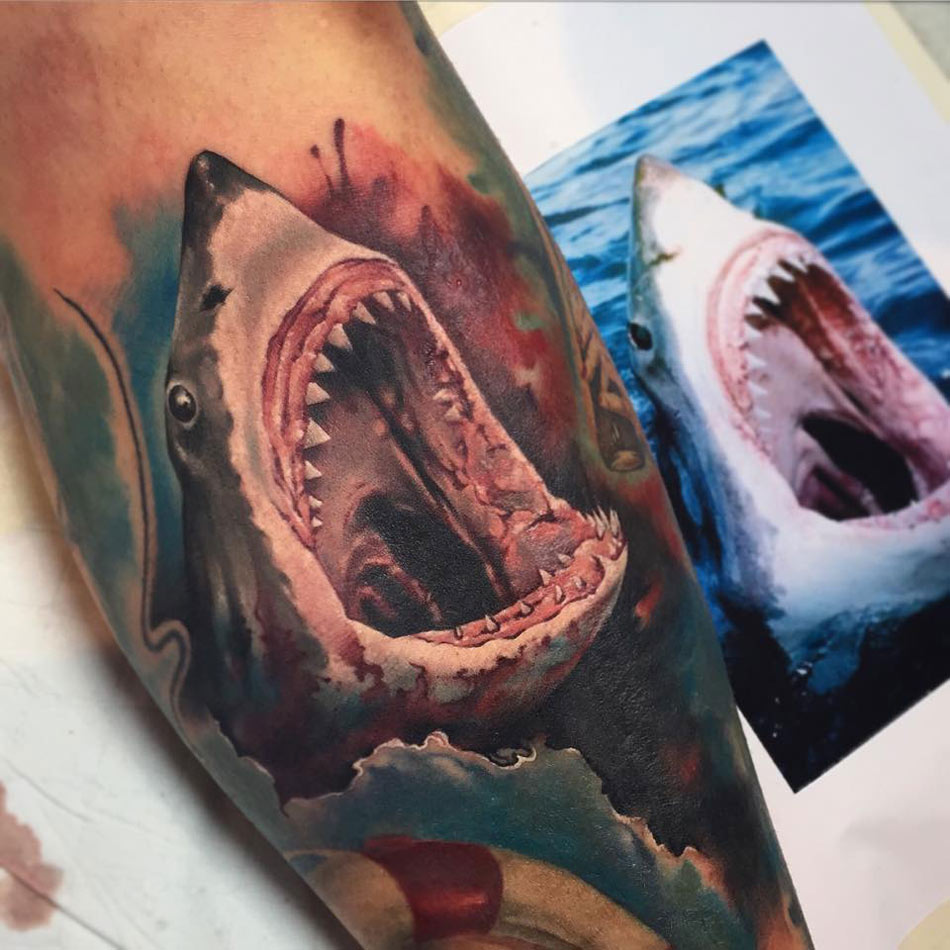 Attractive Shark Head Tattoo Design For Sleeve By Benjamin Laukis