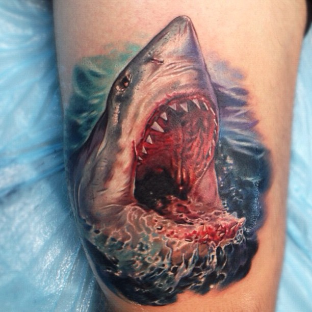 Attractive Shark Head Tattoo On Right Half Sleeve