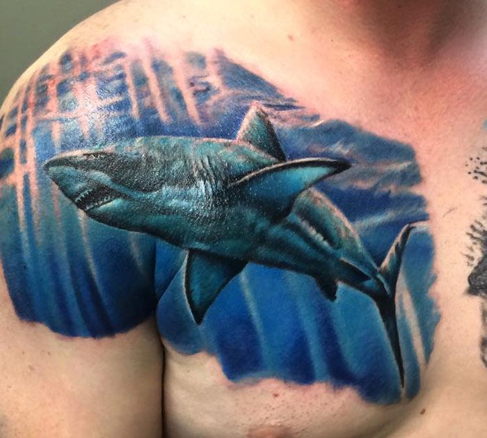 Attractive Shark Tattoo On Man Right Front Shoulder
