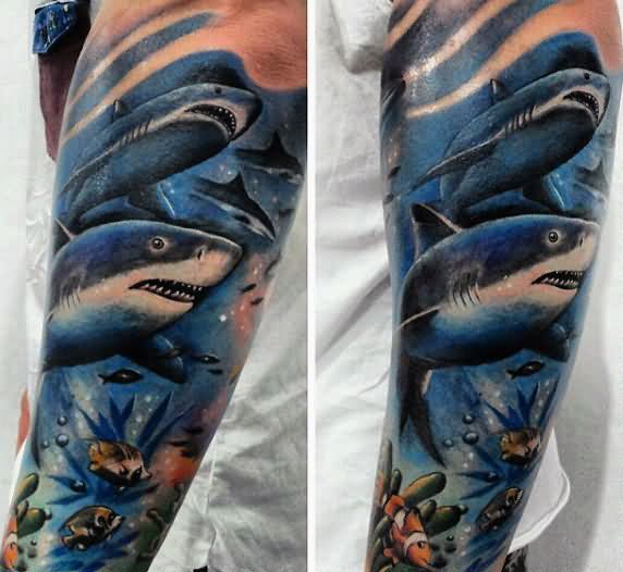 Attractive Tiger Shark Tattoo On Man Left Sleeve