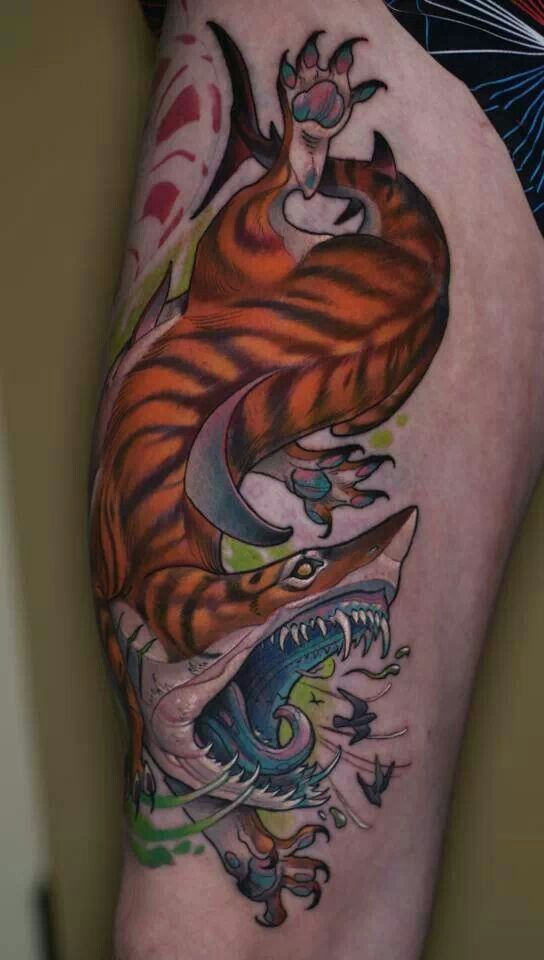 Attractive Tiger Shark Tattoo On Thigh By Curtis Burgess