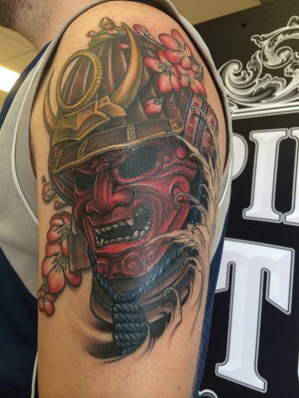 Attractive Traditional Samurai Head Tattoo On Man Left Shoulder By Gigi McQueen