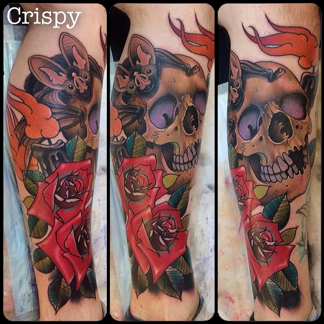 Awesome 3D Bat With Skull And Roses Tattoo On Right Leg By Crispy Lennox
