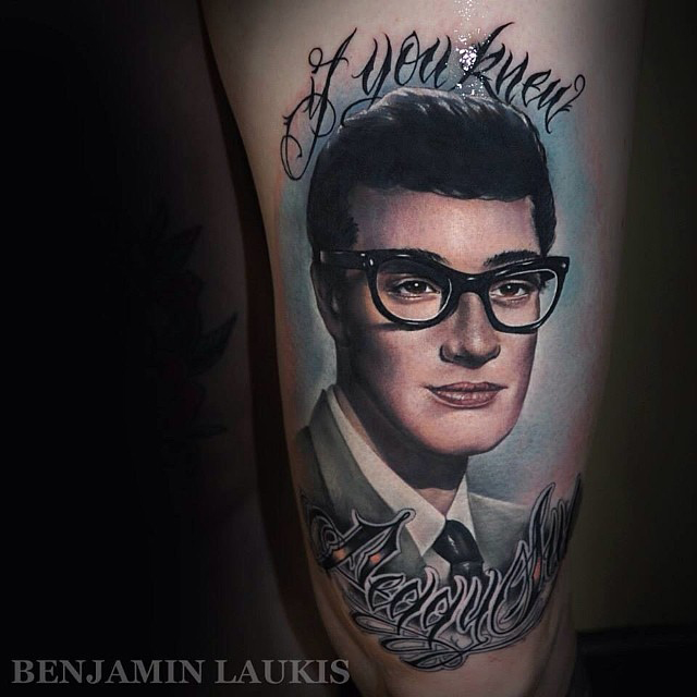 Awesome 3D Man Portrait Tattoo On Left Thigh By Benjamin Laukis