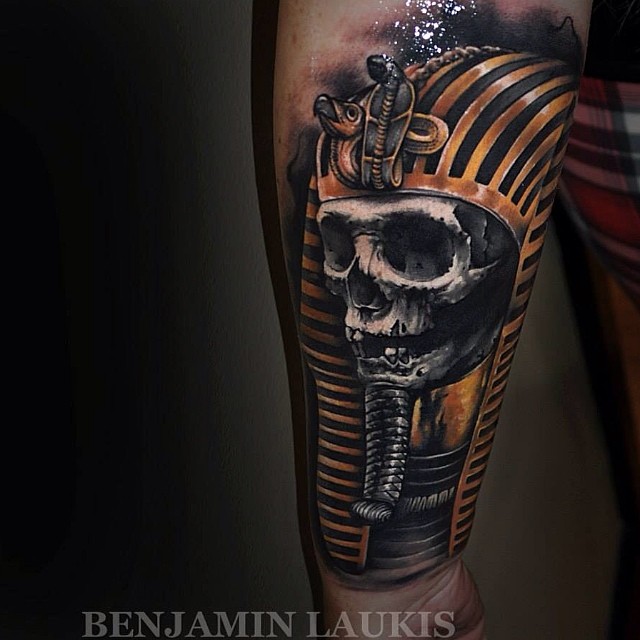 Awesome 3D Pharaoh Skull Tattoo On Left Forearm By Benjamin Laukis