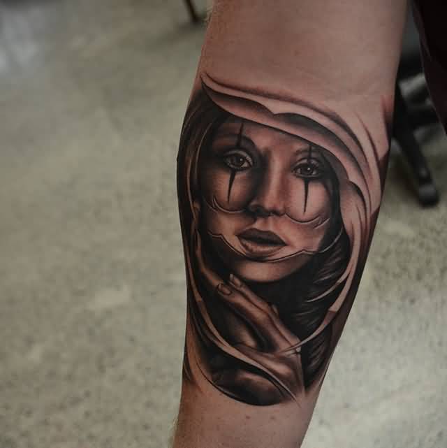 Awesome Black Ink Girl Face Tattoo On Right Forearm
